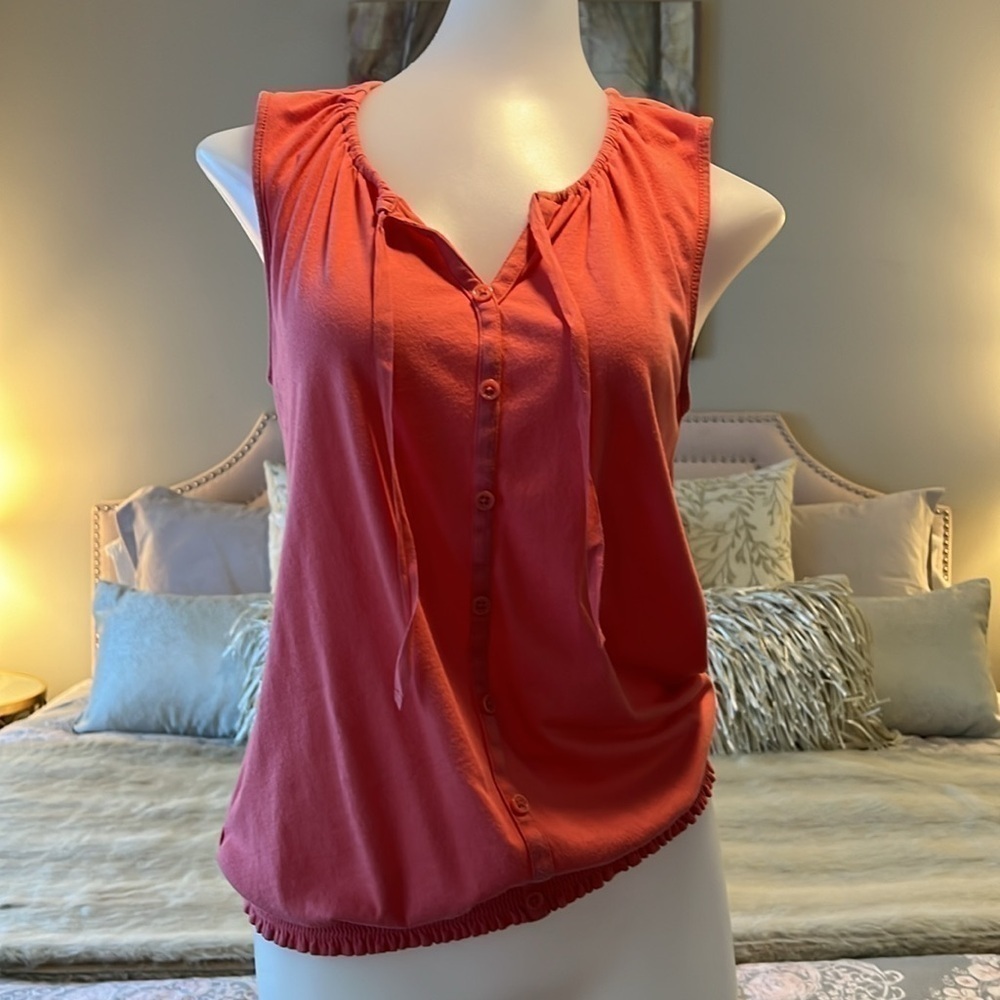 LOFT by ANNE TAYLOR Salmon Sleeveless Tunic Elastic Waist Loose Buttons Tie S